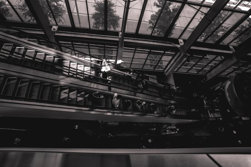 High-angle black and white photo of people riding escalators beneath a large glass skylight in a modern building.