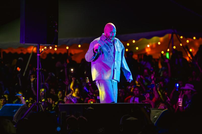 Rapper Fat Joe performing on stage under purple and blue lights holding a microphone.