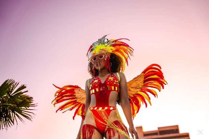 Performer wearing a vibrant red and yellow feathered carnival costume and mask against a dusk sky.
